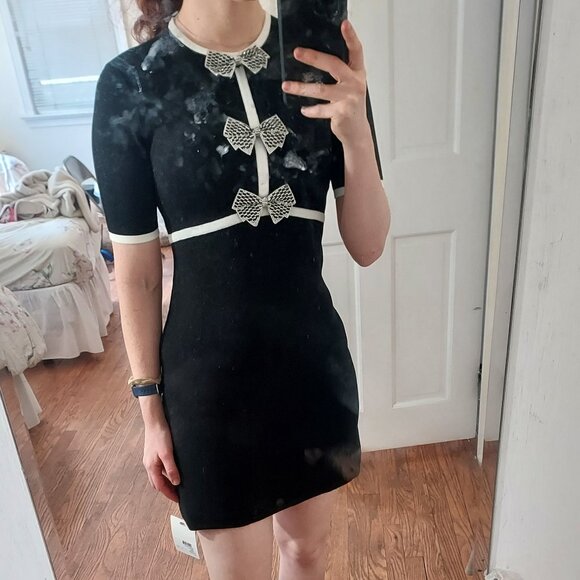 Rebecca Vallance Ella Black Crystal Bow Stretch Short Sleeve Cocktail Dress - Picture 1 of 11